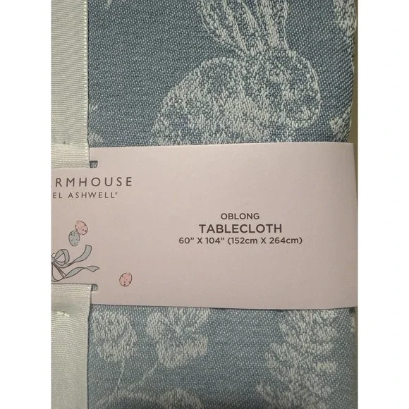 Rachel Ashwell Blue White Easter Bunny Rabbit Tablecloth Cloth Farmhouse 60x102" - Picture 2 of 3